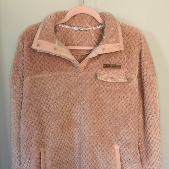 Simply Southern Sweaters - Simply Southern Women Large Pink Sherpa Pullover Fleece Snap Neck Cozy Soft
